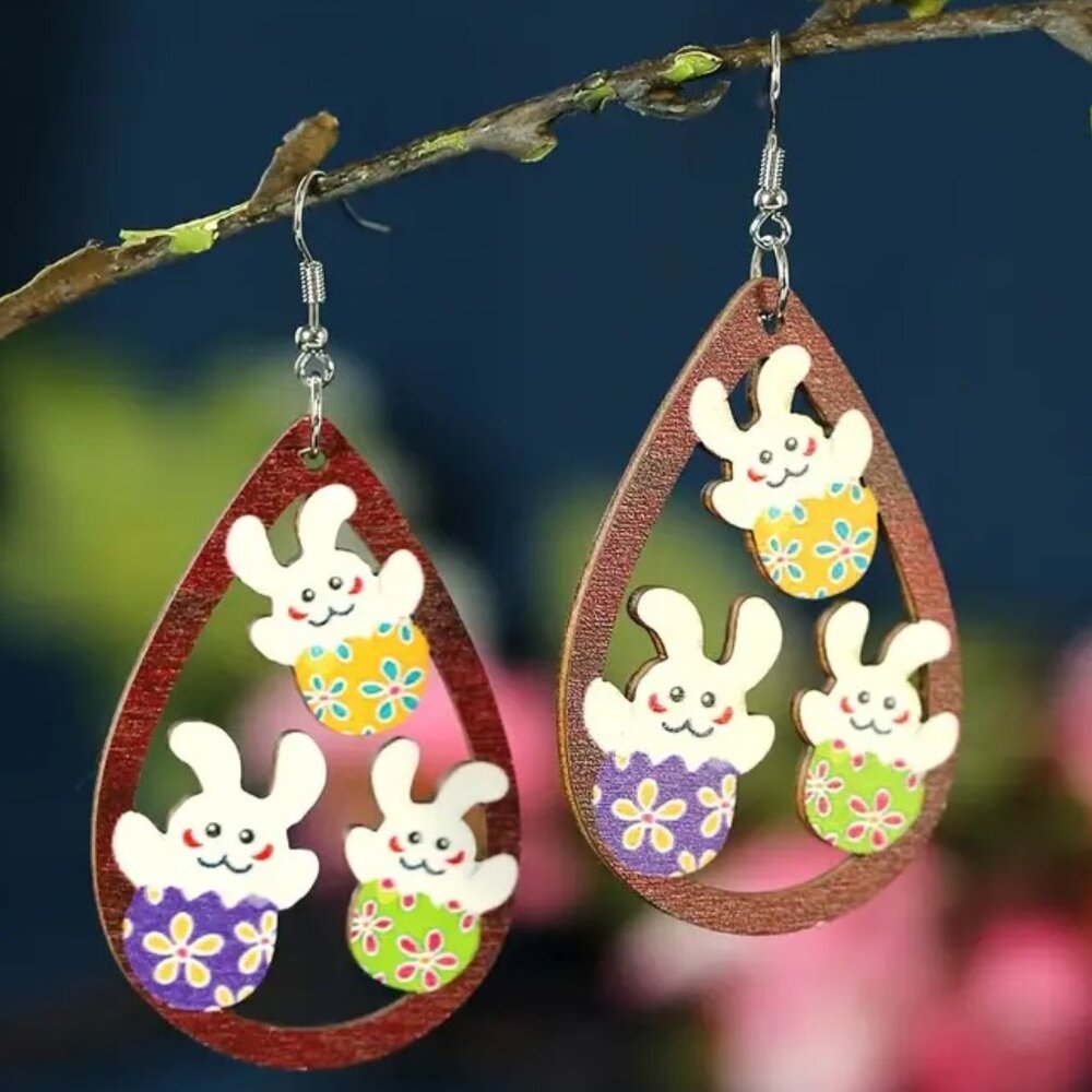 CARVED WOOD BUNNY EARRINGS